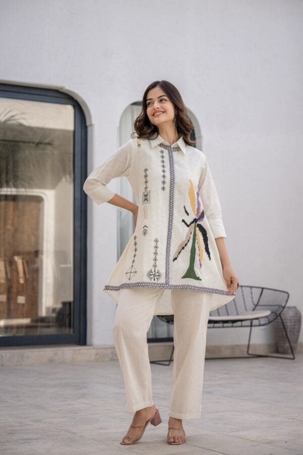 Embroidered Pure Cotton Off-White Co-Ord Set for Women with Asymmetric Top and Elasticated Trousers - Image 2