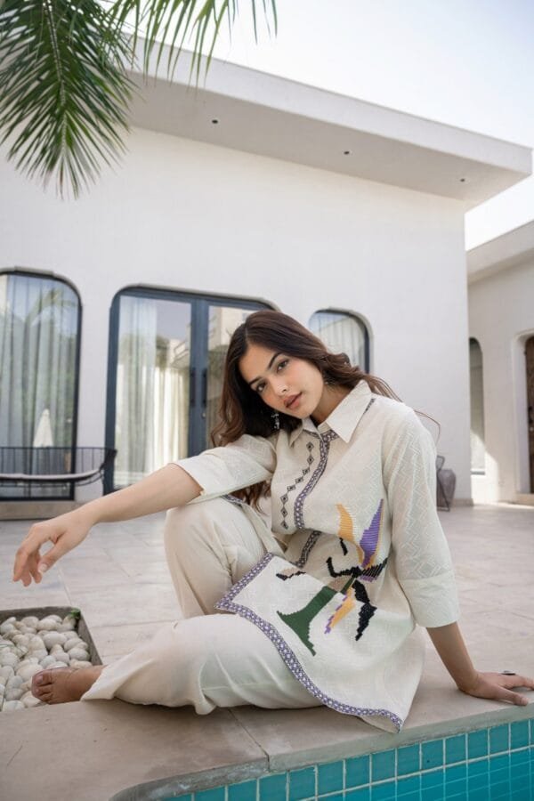 Embroidered Pure Cotton Off-White Co-Ord Set for Women with Asymmetric Top and Elasticated Trousers - Image 10