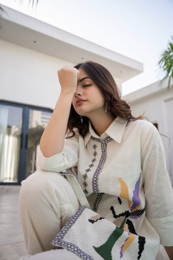 Embroidered Pure Cotton Off-White Co-Ord Set for Women with Asymmetric Top and Elasticated Trousers - Image 11