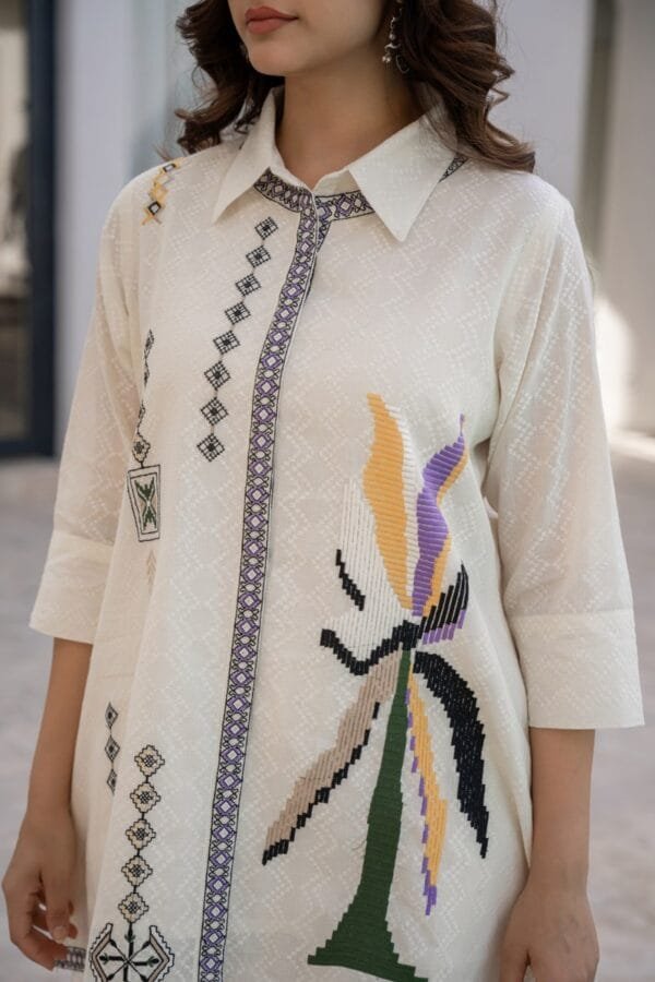 Embroidered Pure Cotton Off-White Co-Ord Set for Women with Asymmetric Top and Elasticated Trousers - Image 7