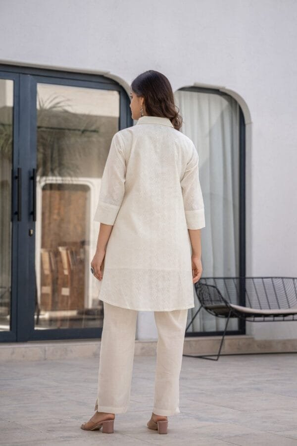 Pure Cotton Off-White Co-Ord Set with Floral Embroidery, Asymmetric Top, and Elasticated Trousers - Image 8