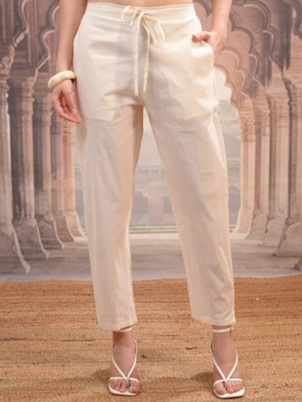 Stylish Off-White Floral Cotton Co-Ord Set with Asymmetric Top & Elastic Waist Trousers - Image 7