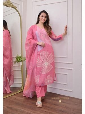 Linen Suit Set – Elegant Digital Printing with Hand Work and Lace Dupatta