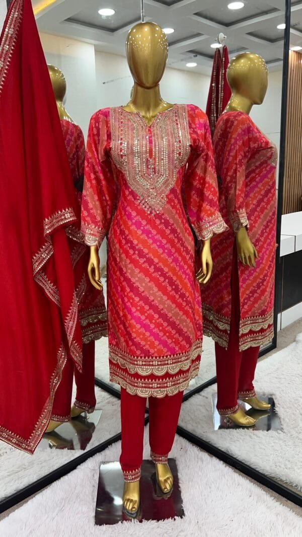 Elegant Pure Chinnon Top-Pant Dupatta Set – Embroidered and Ready to Wear - Image 3