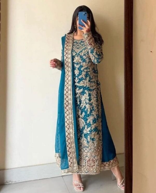 Elegant Heavy Georgette Top-Palazzo Dupatta Set – Embroidered & Ready to Wear - Image 2