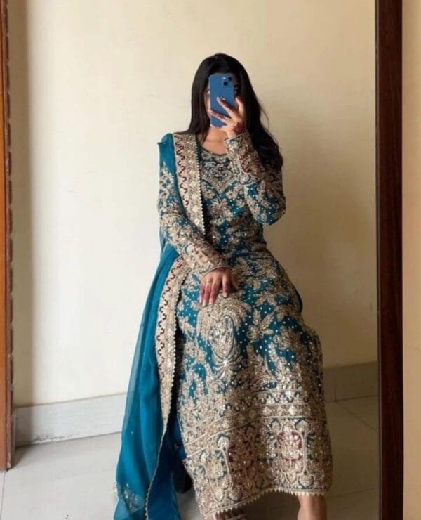 Elegant Heavy Georgette Top-Palazzo Dupatta Set – Embroidered & Ready to Wear - Image 3