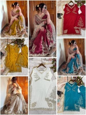 Exclusive Designer Heavy Chinon Suit with Sequence Embroidery and Gharara – In 4 Colors