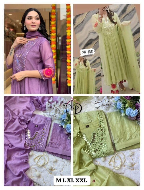 Elegant Alia-Cut Kurti Pant Dupatta Set with Real Mirror Handwork in 2 Colors