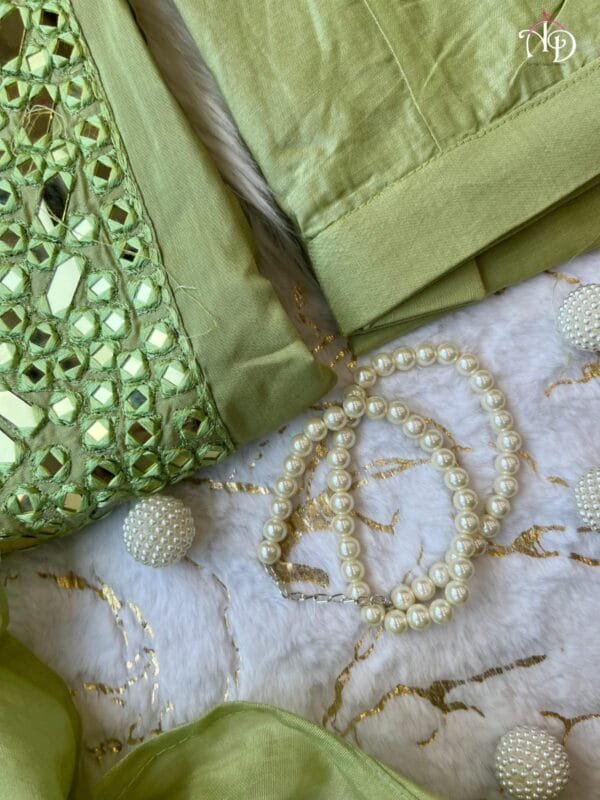 Elegant Alia-Cut Kurti Pant Dupatta Set with Real Mirror Handwork in 2 Colors - Image 16