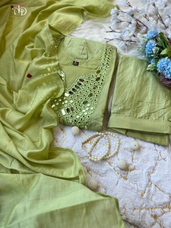 Elegant Alia-Cut Kurti Pant Dupatta Set with Real Mirror Handwork in 2 Colors - Image 14