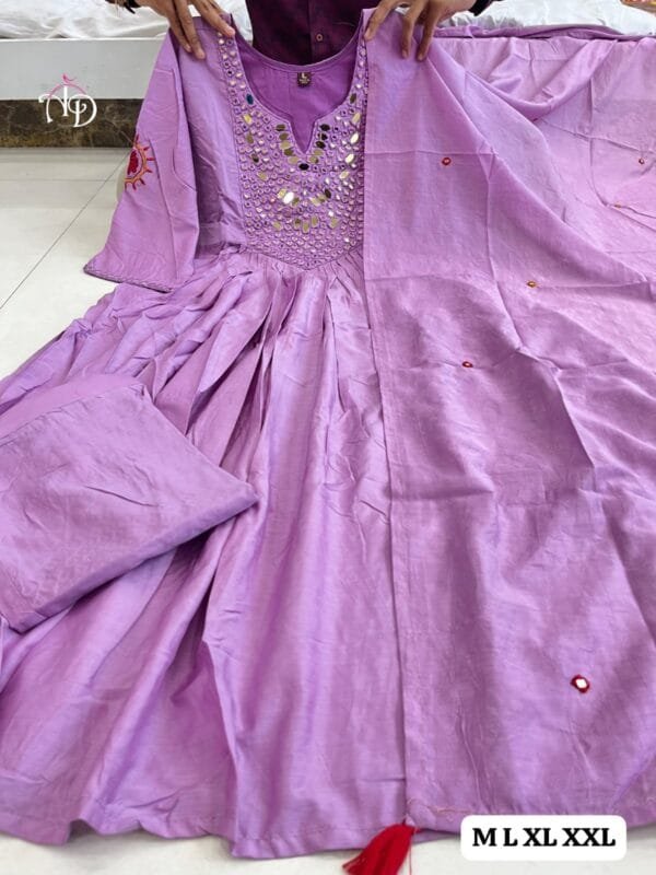 Elegant Alia-Cut Kurti Pant Dupatta Set with Real Mirror Handwork in 2 Colors - Image 9