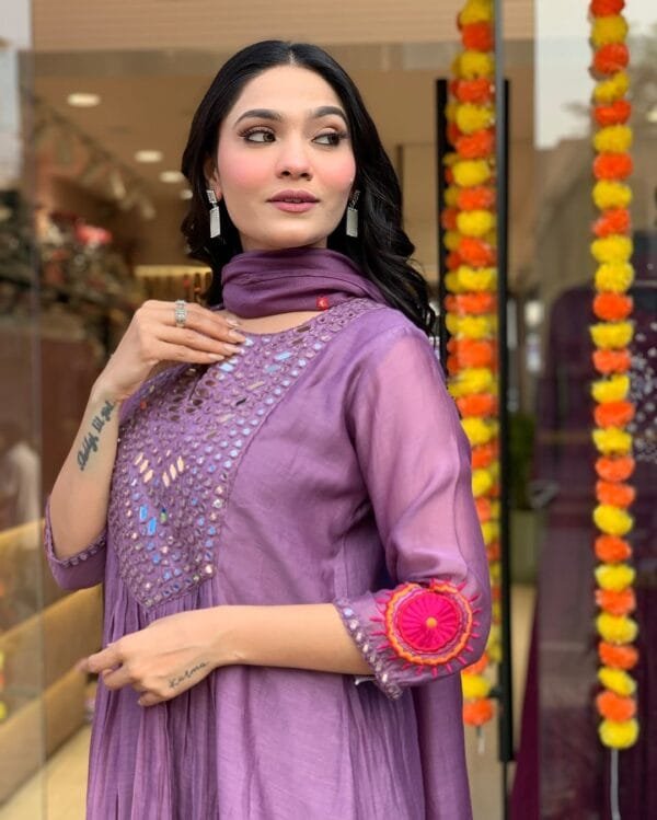 Elegant Alia-Cut Kurti Pant Dupatta Set with Real Mirror Handwork in 2 Colors - Image 6