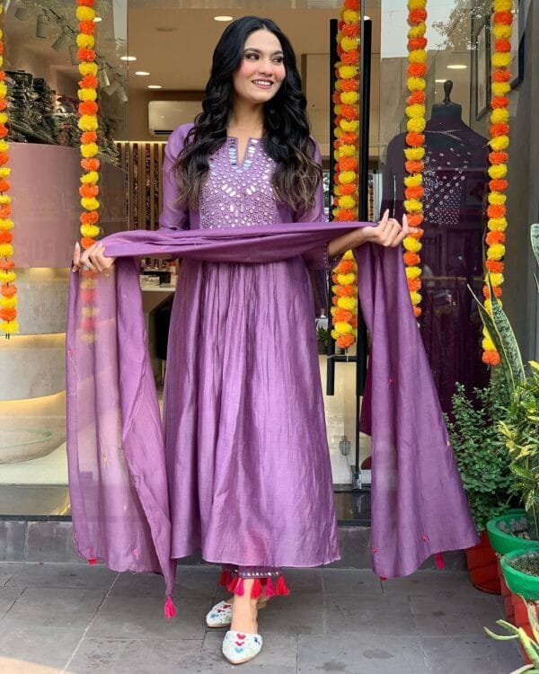 Elegant Alia-Cut Kurti Pant Dupatta Set with Real Mirror Handwork in 2 Colors - Image 7
