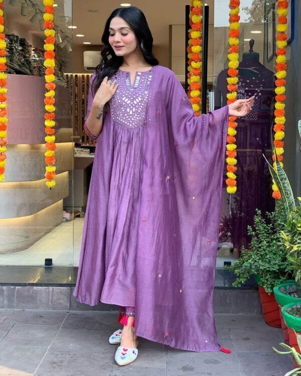 Elegant Alia-Cut Kurti Pant Dupatta Set with Real Mirror Handwork in 2 Colors - Image 2