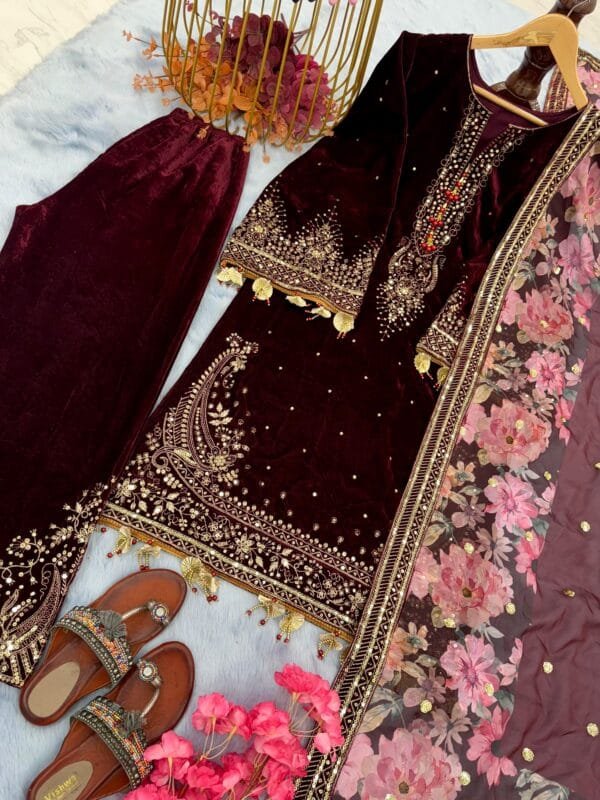 Elegant Designer Velvet Palazzo Set with Embroidered Dupatta in Wine Color - Image 5