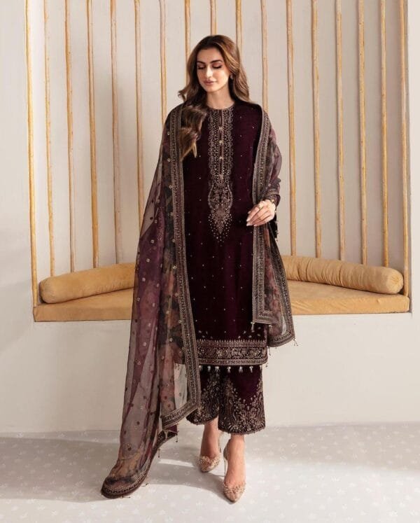 Elegant Designer Velvet Palazzo Set with Embroidered Dupatta in Wine Color