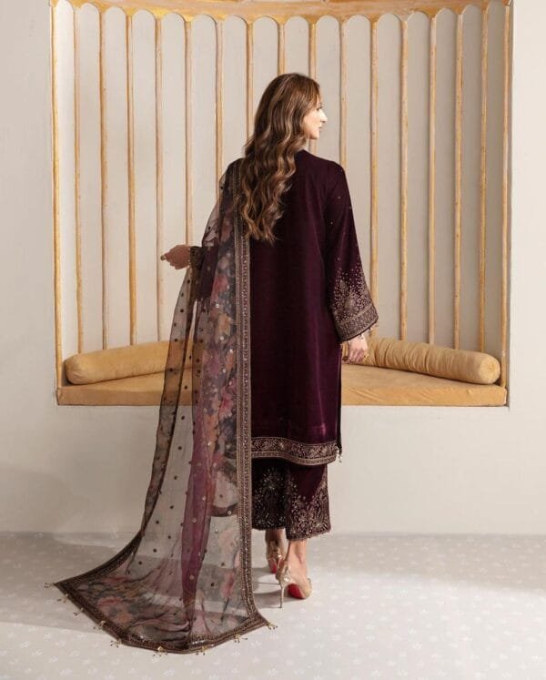 Elegant Designer Velvet Palazzo Set with Embroidered Dupatta in Wine Color - Image 3