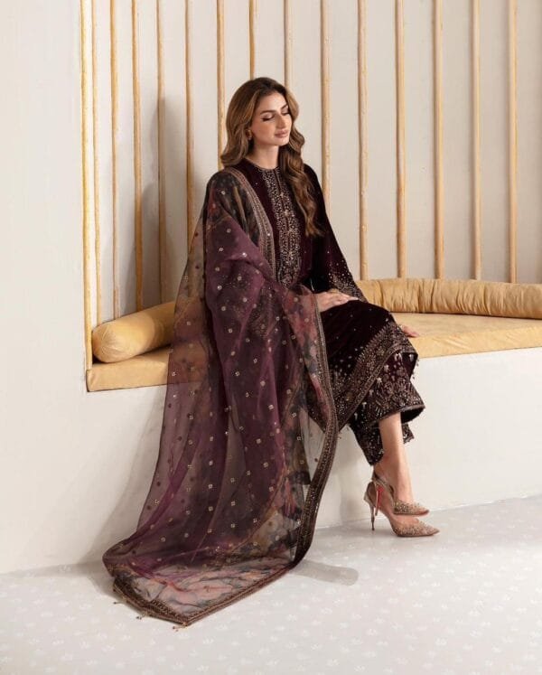 Elegant Designer Velvet Palazzo Set with Embroidered Dupatta in Wine Color - Image 2