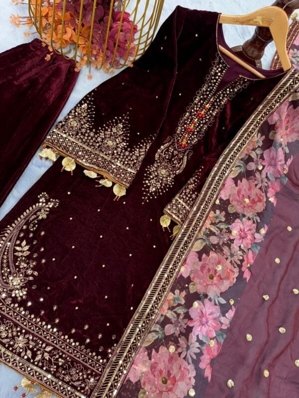 Elegant Designer Velvet Palazzo Set with Embroidered Dupatta in Wine Color - Image 4