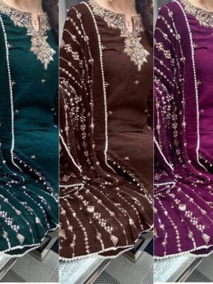 Designer Pure Chinon Silk Suit Set with Pearl & Sequin Embroidery in 3 Colors