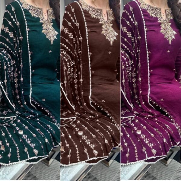 Designer Pure Chinon Silk Suit Set with Pearl & Sequin Embroidery in 3 Colors