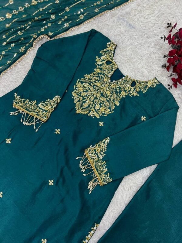 Designer Pure Chinon Silk Suit Set with Pearl & Sequin Embroidery in 3 Colors - Image 8