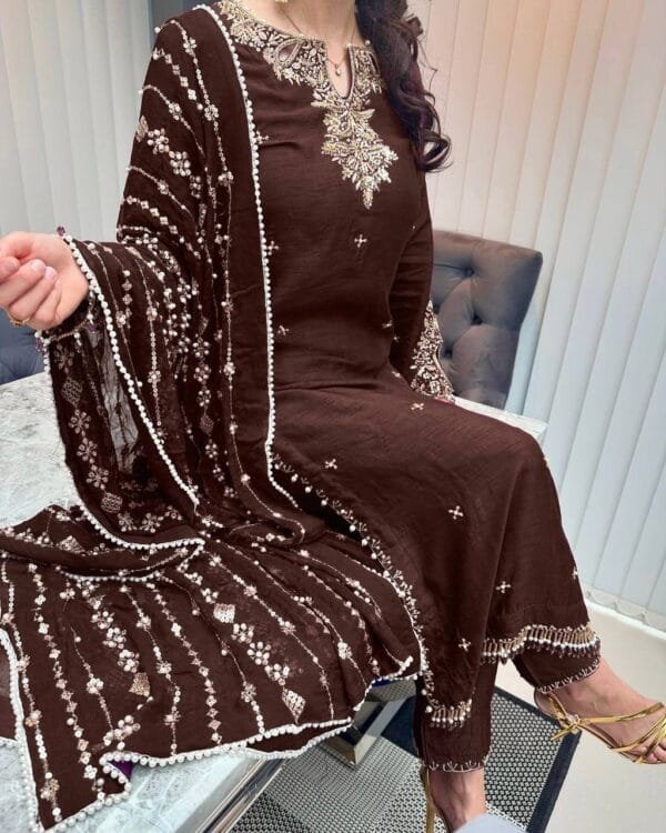 Designer Pure Chinon Silk Suit Set with Pearl & Sequin Embroidery in 3 Colors - Image 2