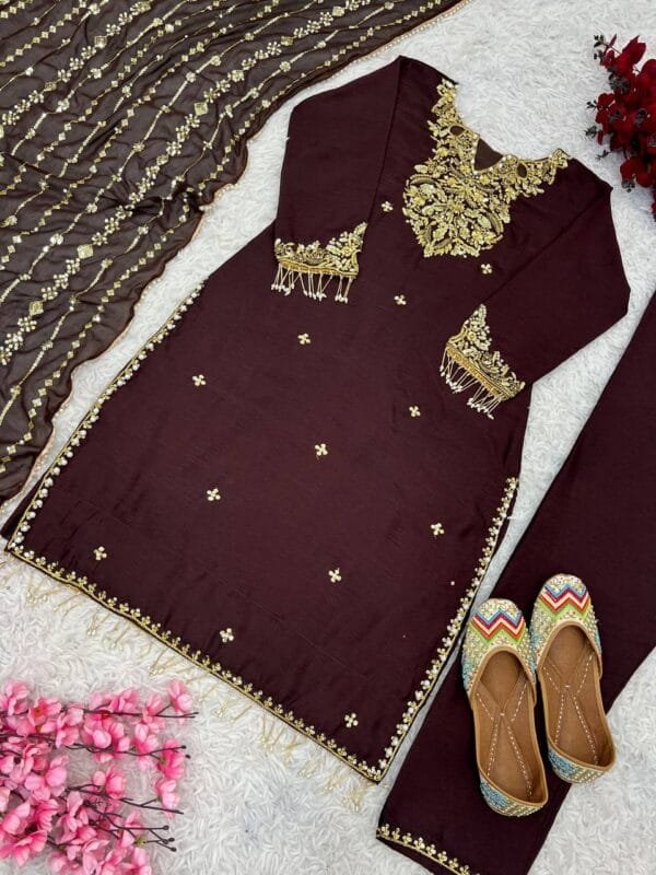 Designer Pure Chinon Silk Suit Set with Pearl & Sequin Embroidery in 3 Colors - Image 3
