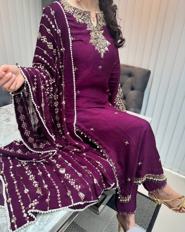 Designer Pure Chinon Silk Suit Set with Pearl & Sequin Embroidery in 3 Colors - Image 5