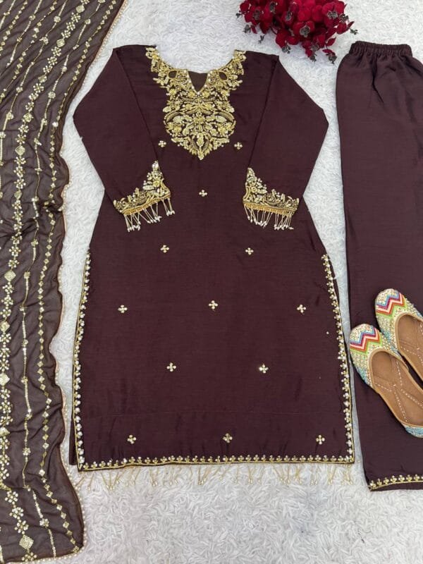Designer Pure Chinon Silk Suit Set with Pearl & Sequin Embroidery in 3 Colors - Image 4