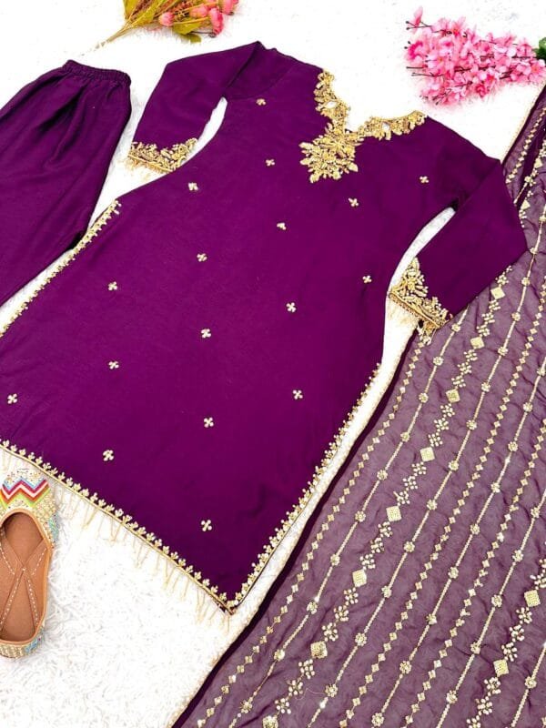 Designer Pure Chinon Silk Suit Set with Pearl & Sequin Embroidery in 3 Colors - Image 6