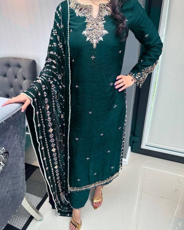 Designer Pure Chinon Silk Suit Set with Pearl & Sequin Embroidery in 3 Colors - Image 7