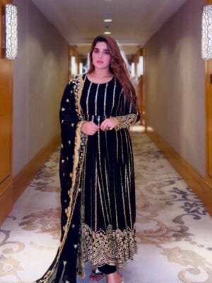 Faux Georgette Naira Cut Gown with Embroidery Sequence Work in Black