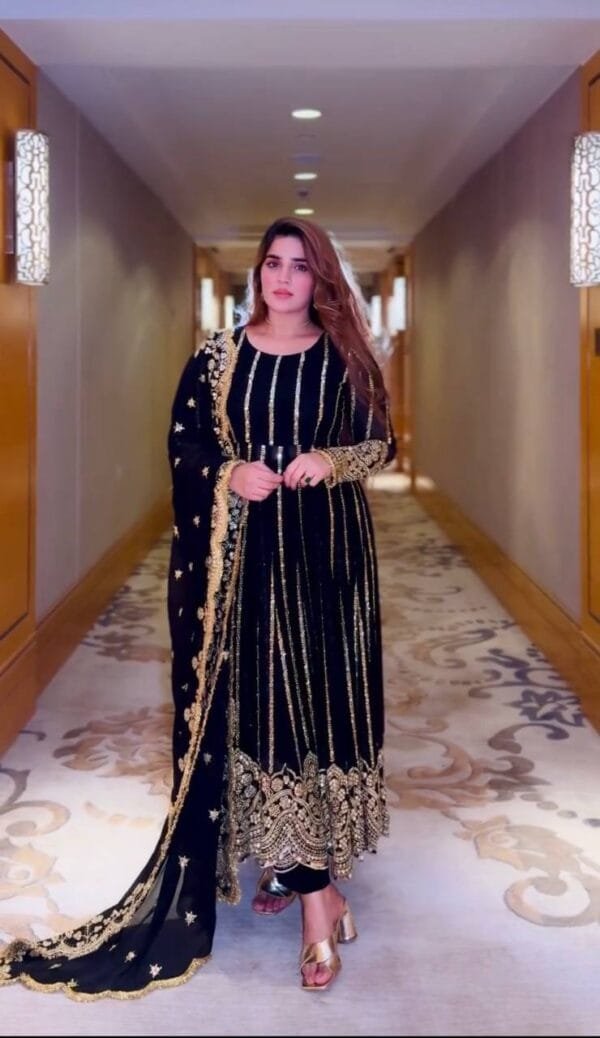 Faux Georgette Naira Cut Gown with Embroidery Sequence Work in Black