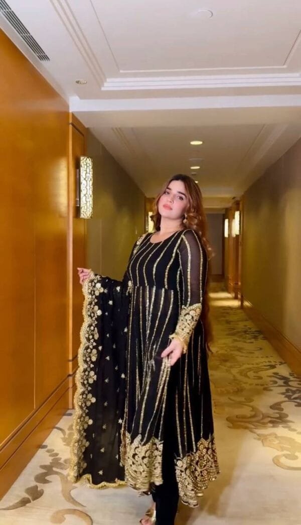 Faux Georgette Naira Cut Gown with Embroidery Sequence Work in Black - Image 2
