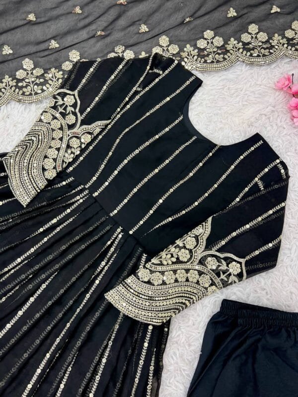 Faux Georgette Naira Cut Gown with Embroidery Sequence Work in Black - Image 5