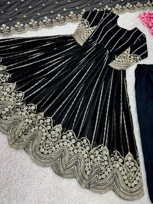 Faux Georgette Naira Cut Gown with Embroidery Sequence Work in Black - Image 4