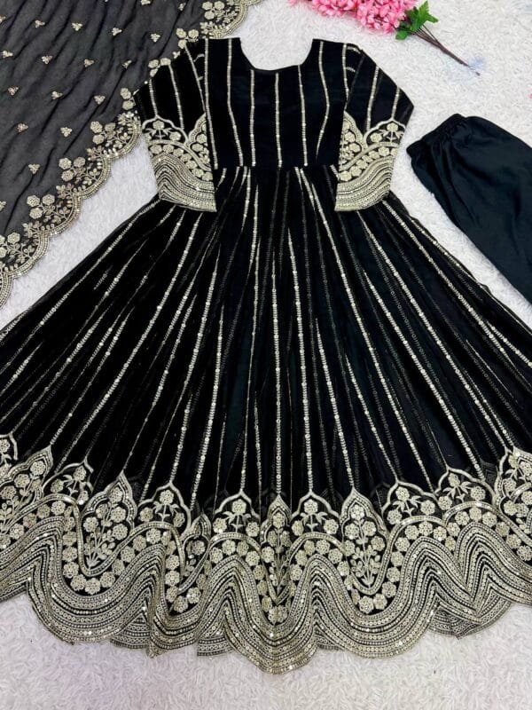 Faux Georgette Naira Cut Gown with Embroidery Sequence Work in Black - Image 3