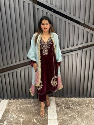 Designer Velvet Suit with Sequin Embroidery Work, Pant, and Dupatta in Wine Color