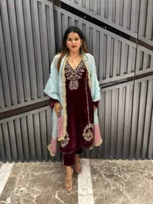 Designer Velvet Suit with Sequin Embroidery Work, Pant, and Dupatta in Wine Color