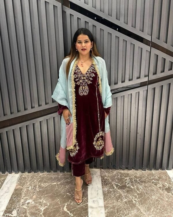 Designer Velvet Suit with Sequin Embroidery Work, Pant, and Dupatta in Wine Color