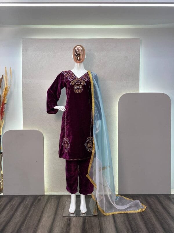 Designer Velvet Suit with Sequin Embroidery Work, Pant, and Dupatta in Wine Color - Image 3
