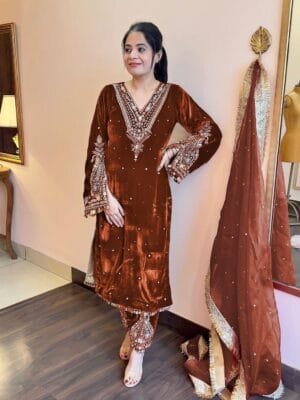 Premium Velvet Kurti-Palazzo Set with Dupatta in Copper Color
