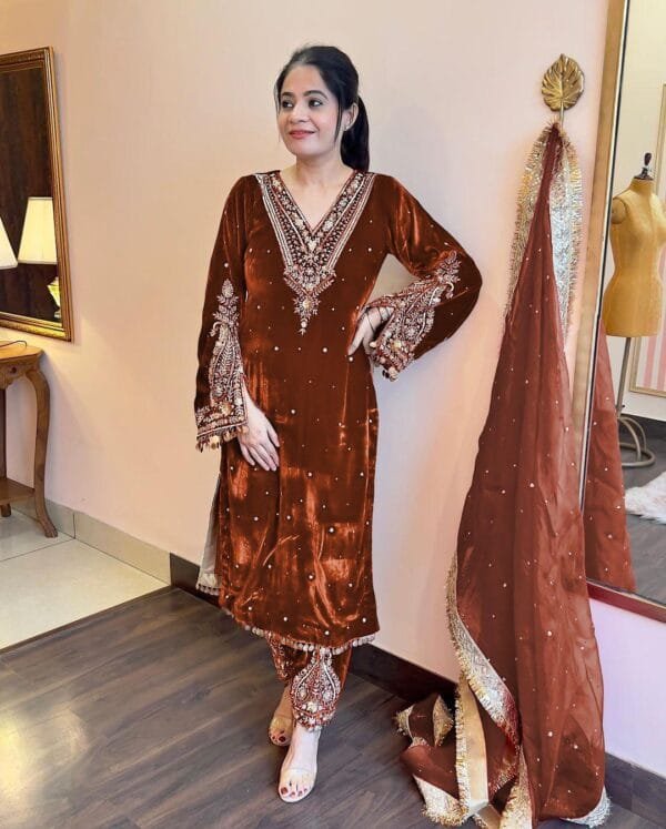 Premium Velvet Kurti-Palazzo Set with Dupatta in Copper Color
