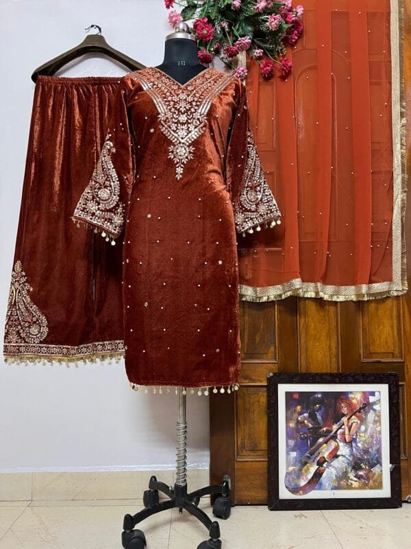 Premium Velvet Kurti-Palazzo Set with Dupatta in Copper Color - Image 2