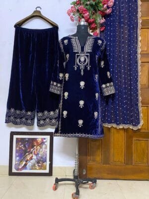 Elegant Velvet Kurti-Palazzo Set with Dupatta in Blue Color