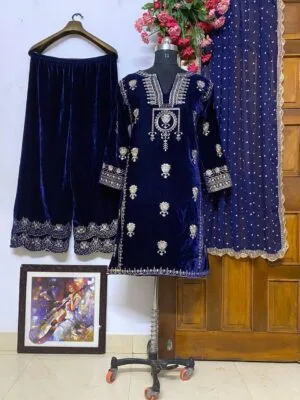 Elegant Velvet Kurti-Palazzo Set with Dupatta in Blue Color