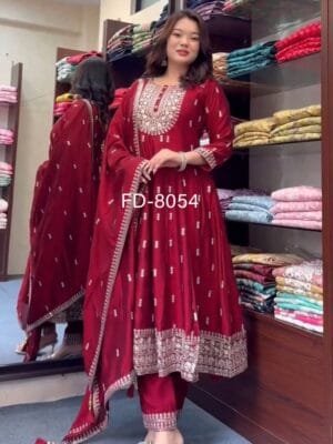 Heavy Chinon Silk Gown, Pant, and Dupatta Set