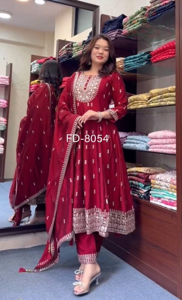 Heavy Chinon Silk Gown, Pant, and Dupatta Set