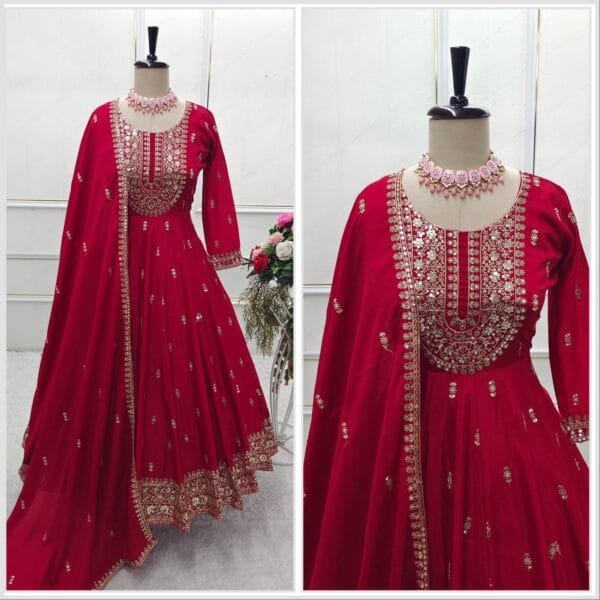 Heavy Chinon Silk Gown, Pant, and Dupatta Set - Image 3